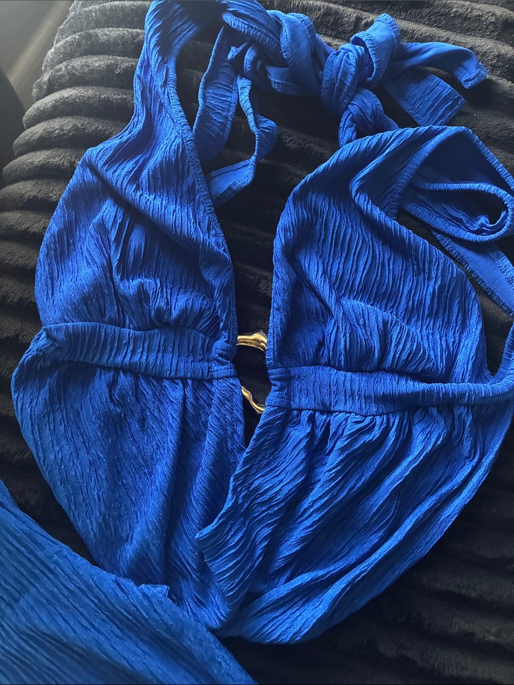 Blue Halter Plunge pants set with Gold Ring Detail